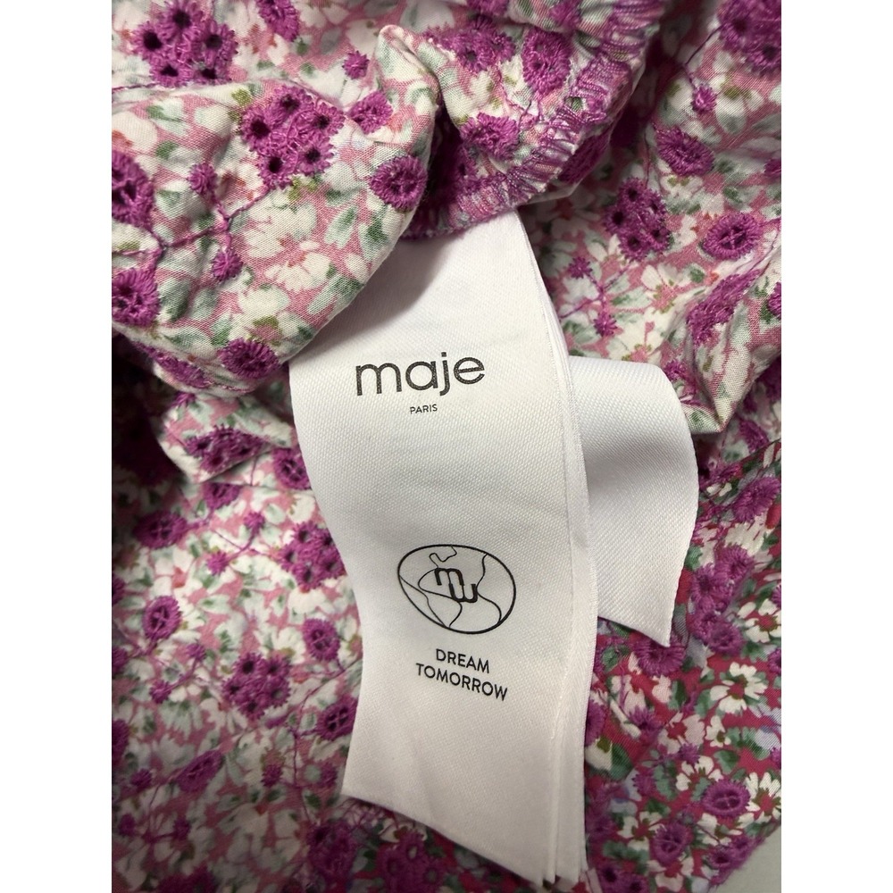 Maje Ryad Floral Puff Sleeve Ruched Mini Dress Fuchsia Pink Cotton Sz 38 US 6 - Picture 13 of 15